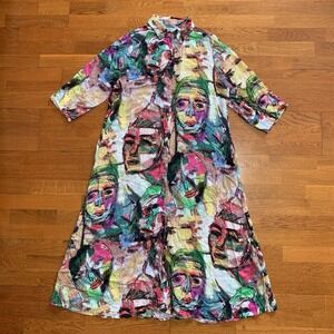 Ashilda Dress Womens M/L Tunic Maxi Graphic Art Allover Faces Unique Maximalist